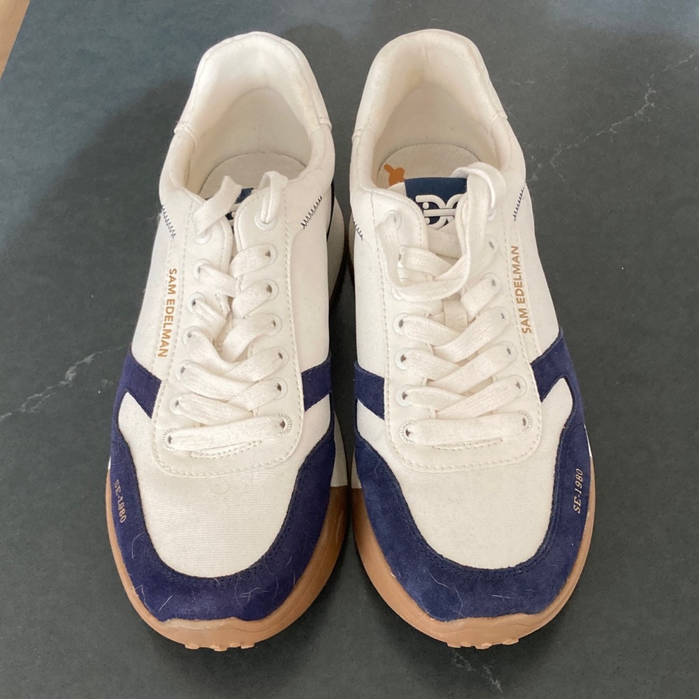 Sam Edelman White Navy Tan Suede-Trim Sneakers